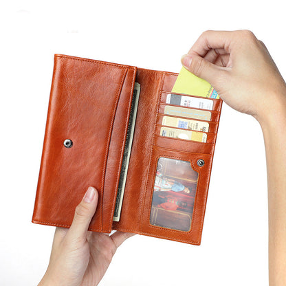 Ladies Genuine Leather Simple Solid Color Long Wallet