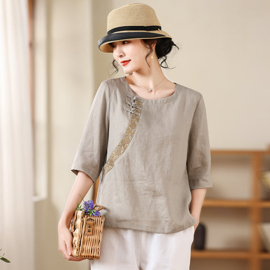 Linen Embroidered Chinese Crew Neck Top Pullover