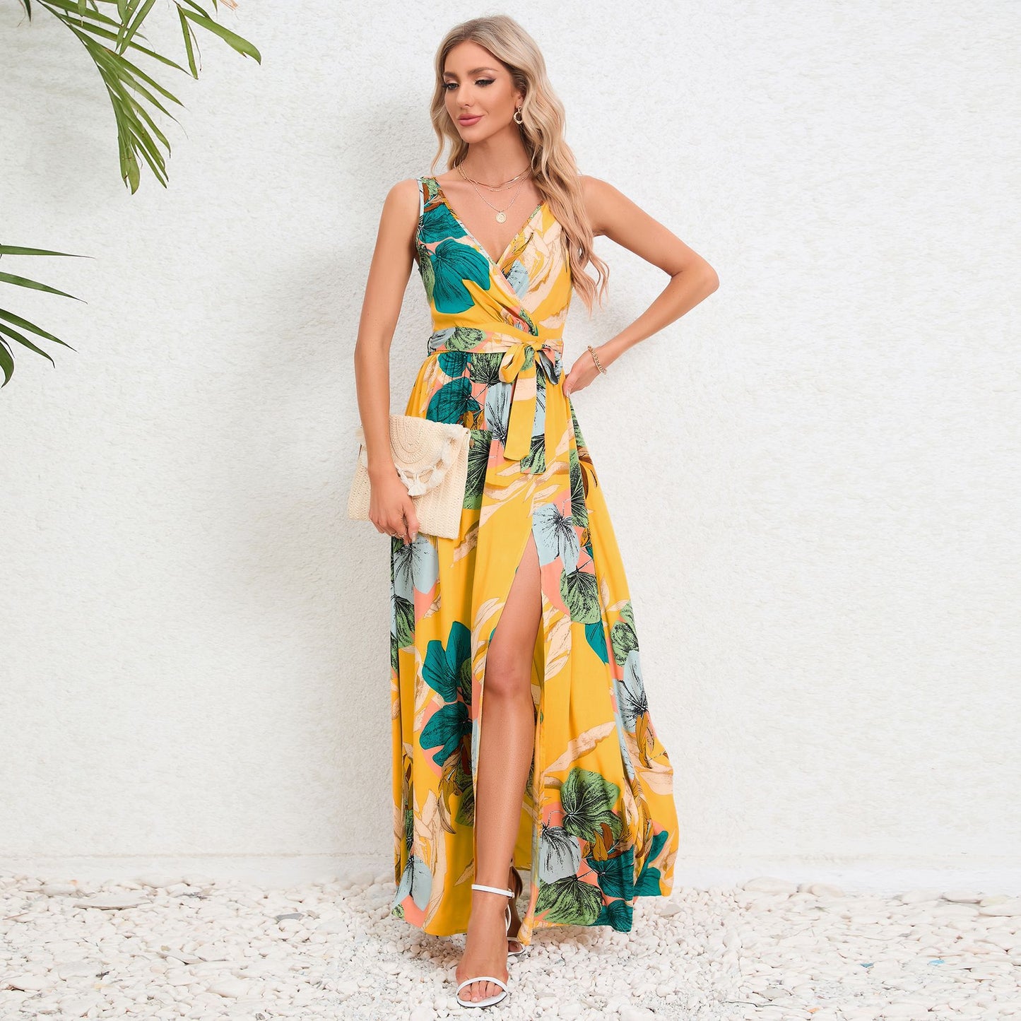 Double V-neck Sleeveless Slit Printed Long Sling Dress