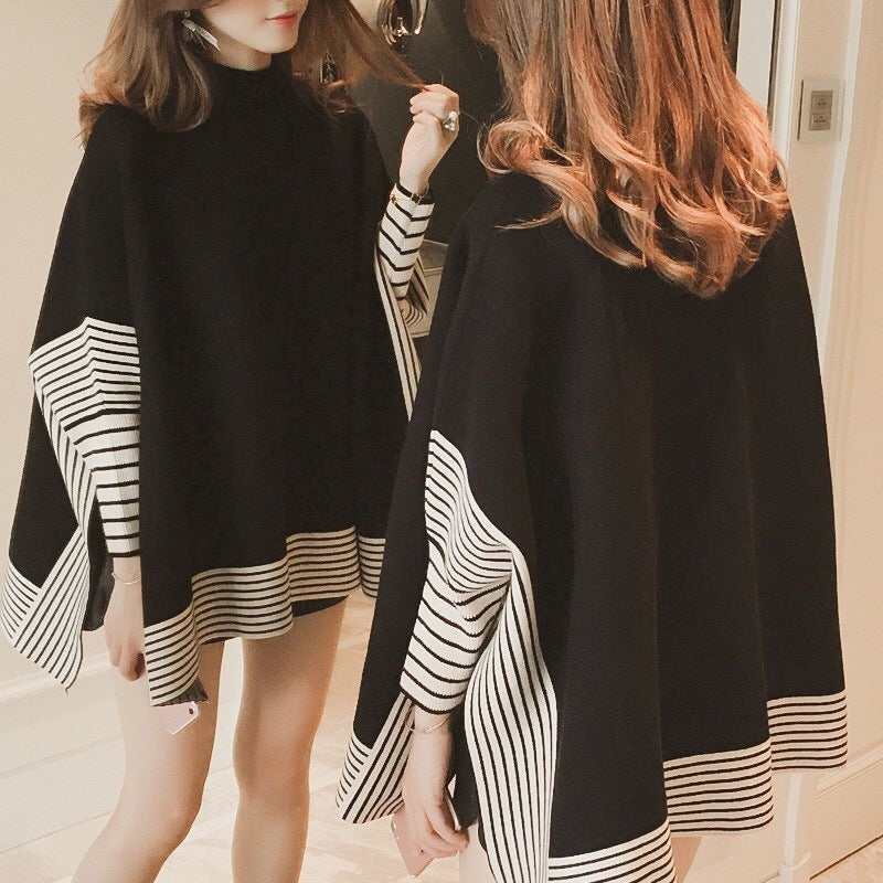 Striped Contrast Color Shawl Women's Long-sleeved Sweater