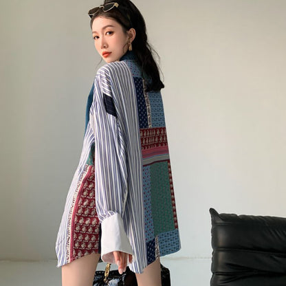 Women's Denim Patchwork Pattern Shirt Dress Loose Korean Style