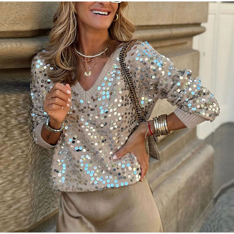 Loose Round Neck Long Sleeve Fashion Colorblock Sequined Pullover Sweater