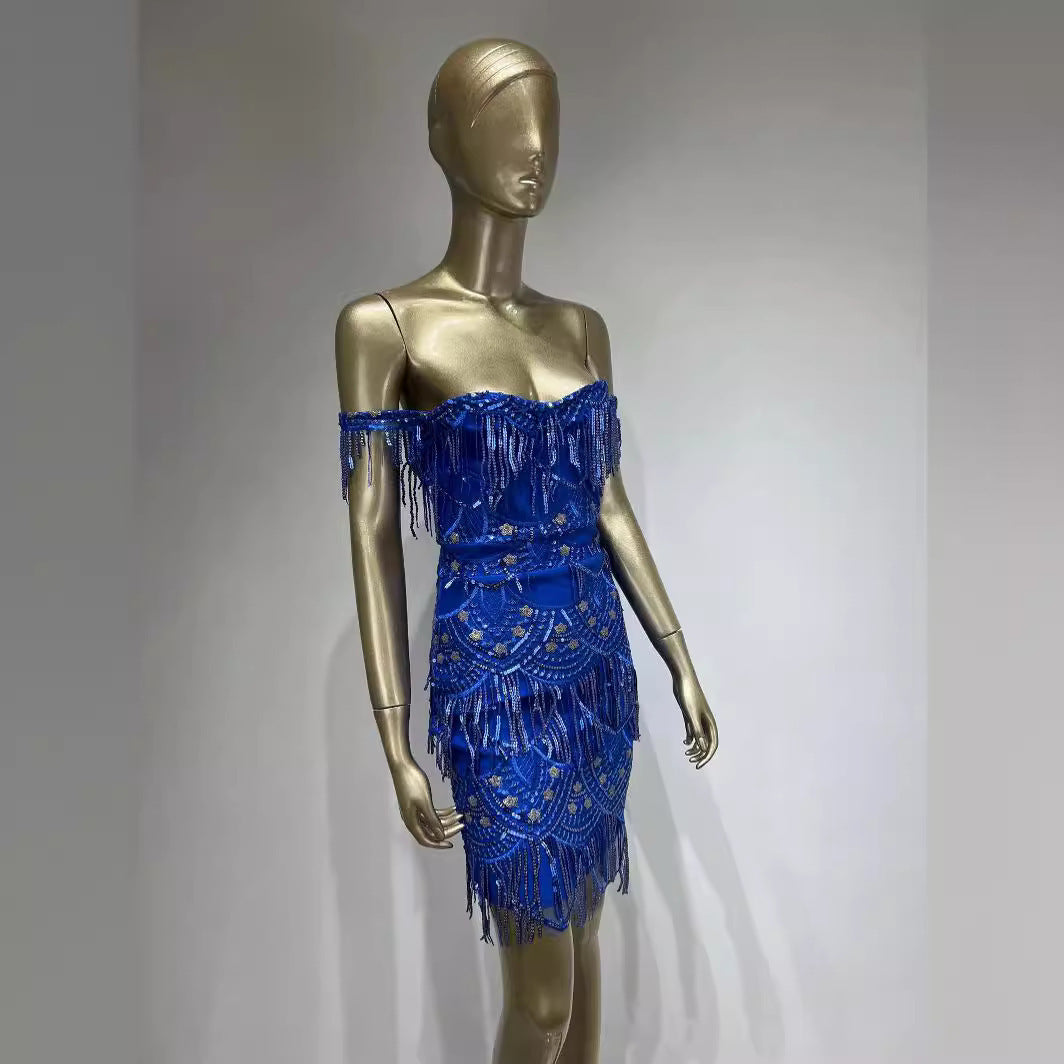 Vestido de fiesta con borlas y cuentas de estilo étnico azul a la moda para mujer