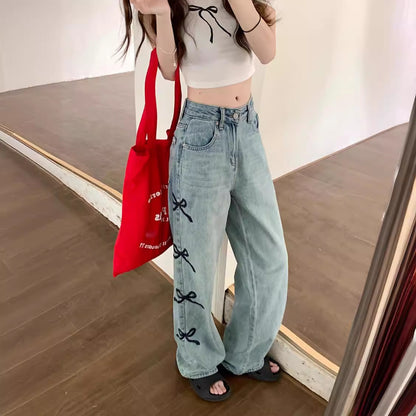 Butterfly Embroidered Jeans Wide-leg Pants For Women