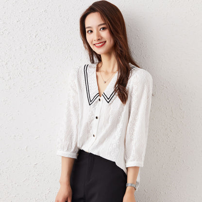 Three Quarter Sleeve Lace Shirt Commuter White Small Shirt Top Design