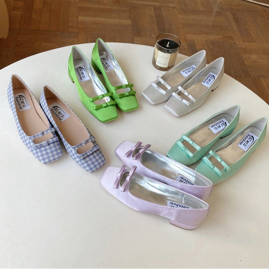 Fashion Shoes Square Head Candy Color Mary Jane Bow Low-cut Chunky Heel