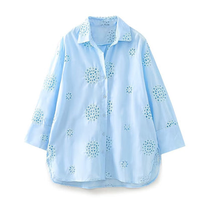 Women's Lapel Embroidery Solid Color Loose Shirt