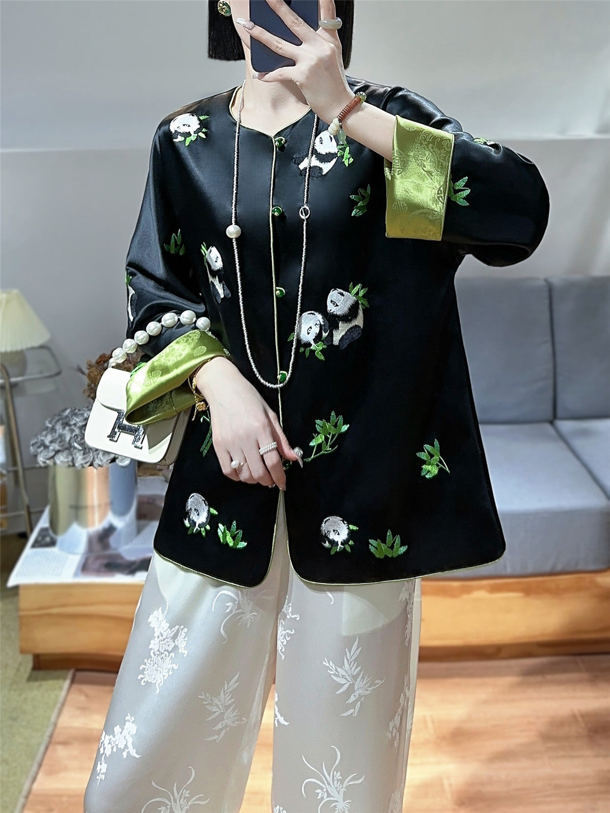 Women's Fashion Color Contrast Embroidered Panda Coat Top