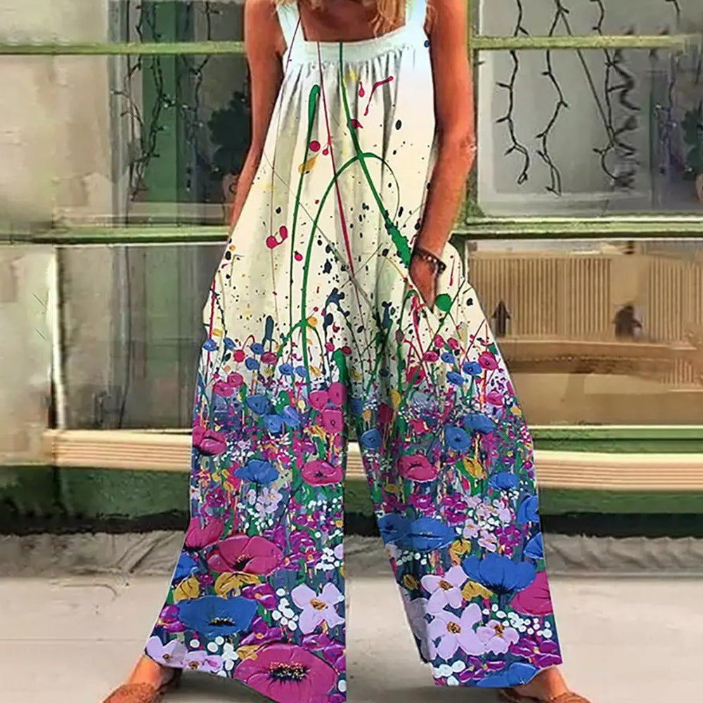 Women's Printed Sling Sleeveless Loose Casual Jumpsuit