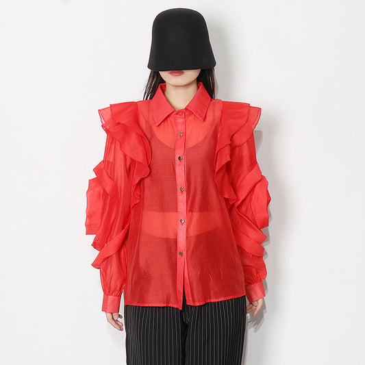 Temperament Organza Solid Color Shirt Lapel Ruffle Stitching