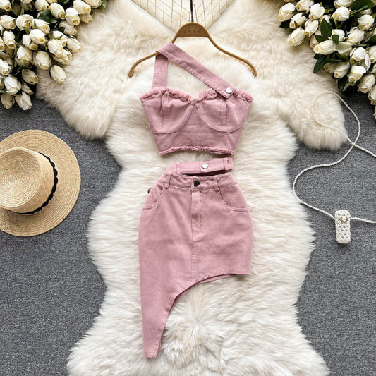 Pink Elegant Outfit Hot Girl Outer Wear Bandeau Sling Top Irregular Skirt Stylish Two-piece Suit