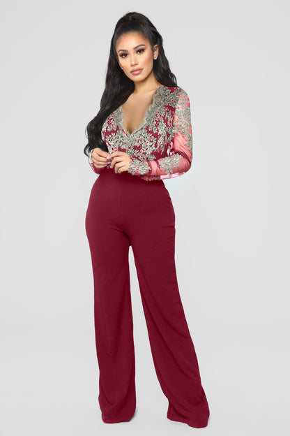 Autumn And Winter Hot-selling Women's Casual Ladies Water-soluble Lace V-neck Long-sleeved Wide-leg Jumpsuit