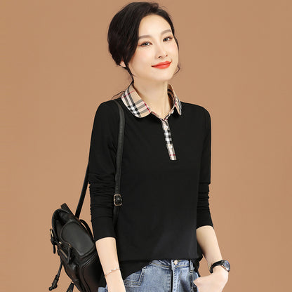 Plaid Stitching Long-sleeved T-shirt Women's Spring Korean Style Bottoming Shirt Top