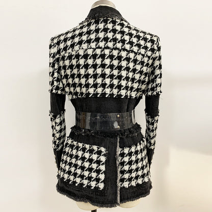 Fashion Trend Tweed Houndstooth Denim Stitching West Assembly Belt