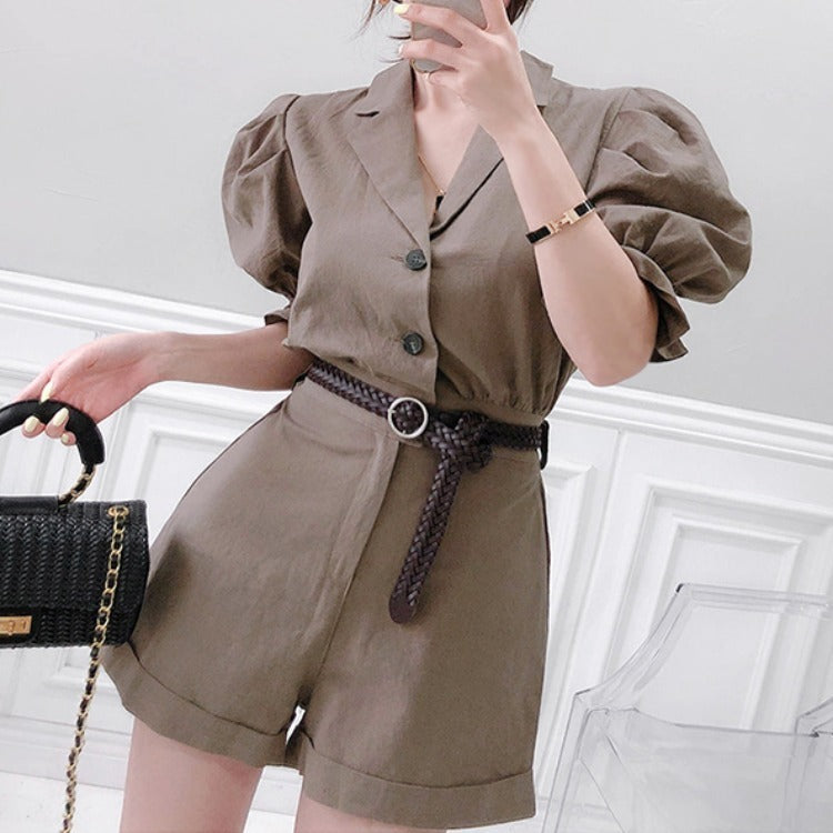 Temperament Intellectual OL Suit Collar Puff Sleeves Braided Rope