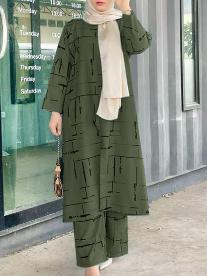 Women's Muslim Print Daily Suit Army Green Fashion Casual Set