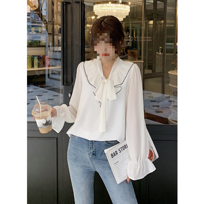 Solid Versatile Color Block For Elegant Banded Chiffon Shirt