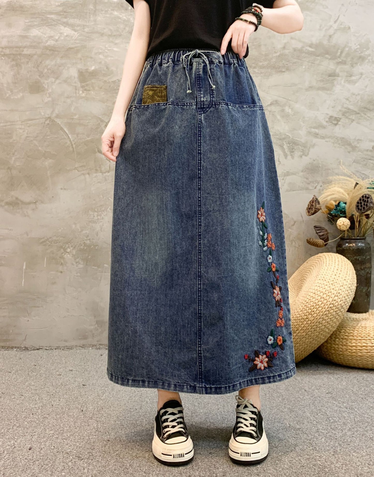 Spring Chinese Style Small Flower Embroidery High-waisted Skirt