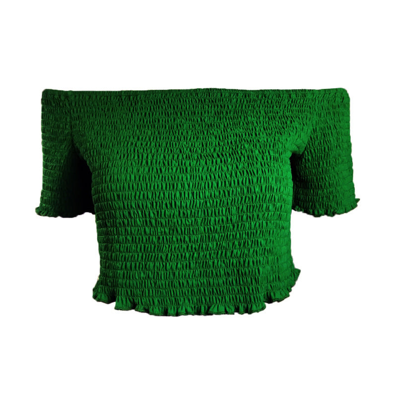 Women's Retro Green Thin Strapless Pleated Blouse