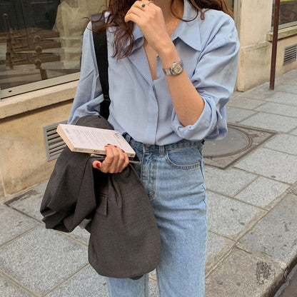 Camisa azul con camisa holgada de manga larga y largo medio para mujer