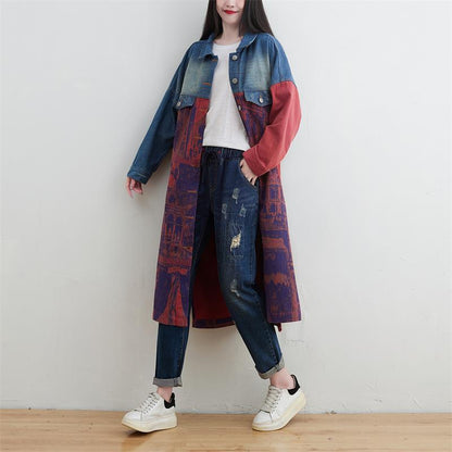 Plus Size Splicing Denim Trench Coat