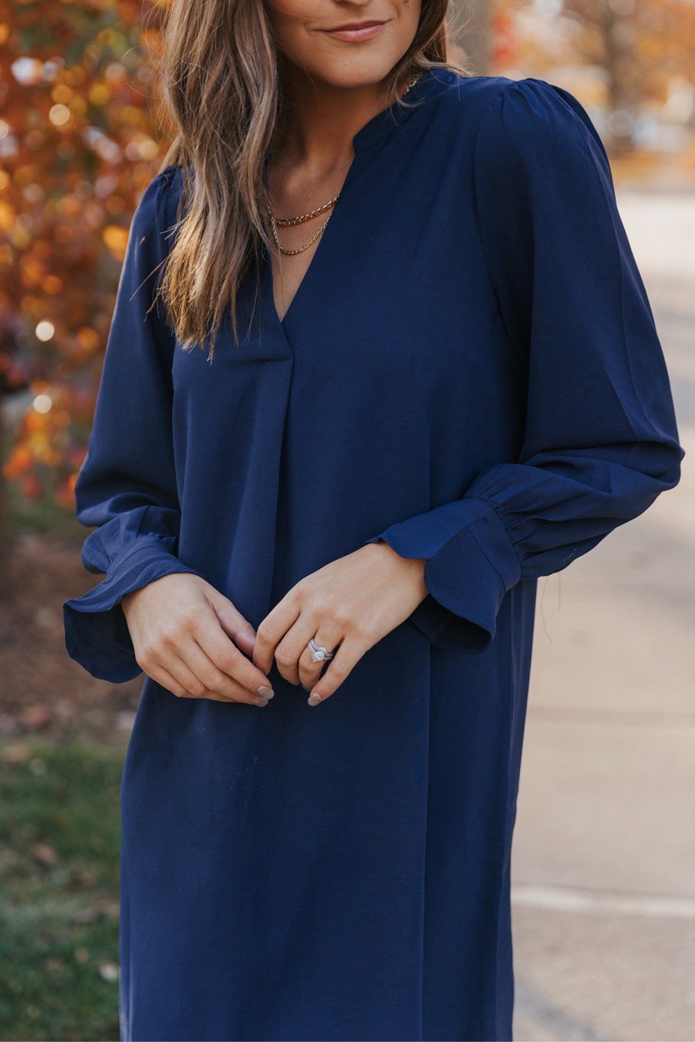 Blue Split V Neck Ruffled Sleeves Shirt Dress