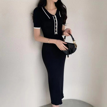 Short Sleeve Contrast Color Slim Fit Knitted Dress