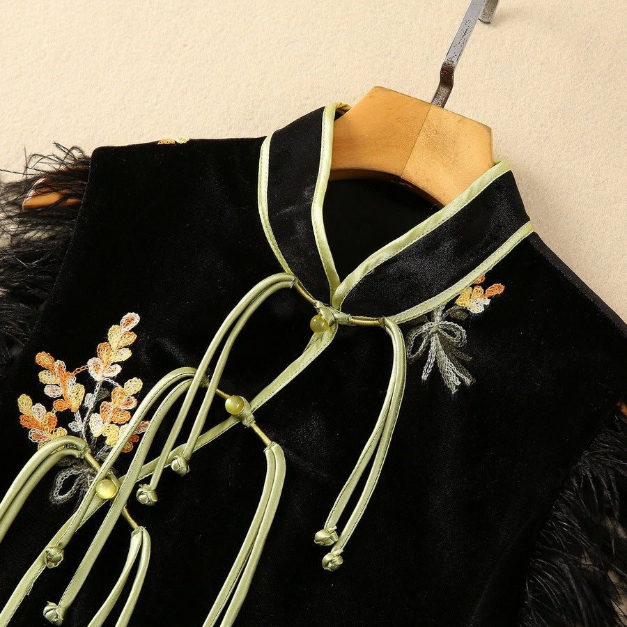 Feather Embroidered Stand Collar Oblique Placket Velvet Dress