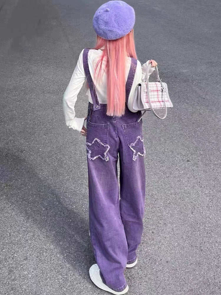 Purple Denim Suspender Pants Women's Retro High Waist