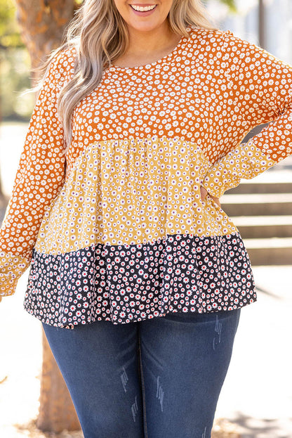 Plus Size Floral Color Block Babydoll Top