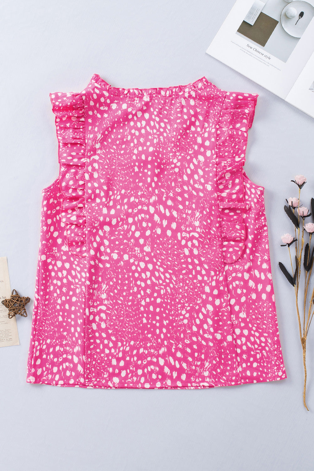 Rose Leopard Ruffle Trim Tank Top