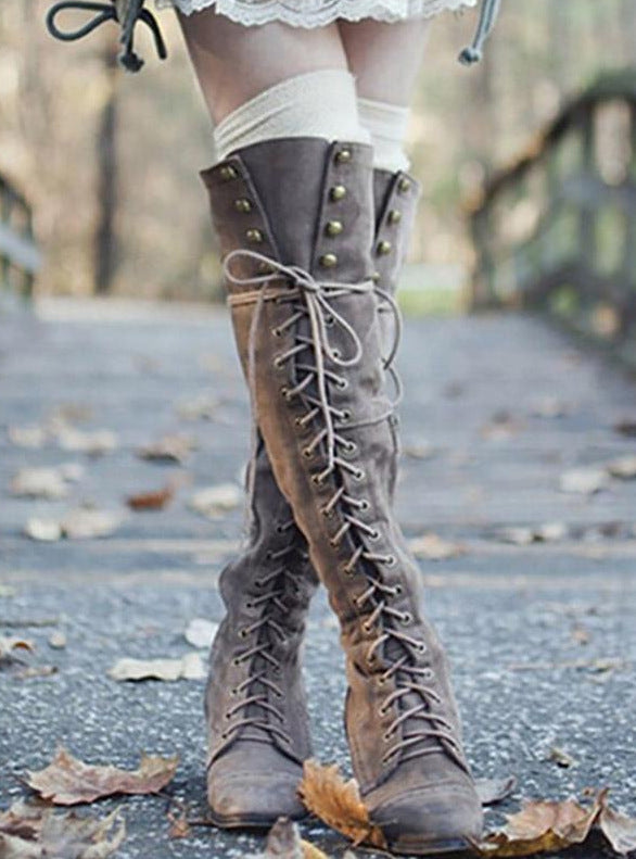 Solid Color Thick Low Heel High-top Lace-up Fashion Women's Boots