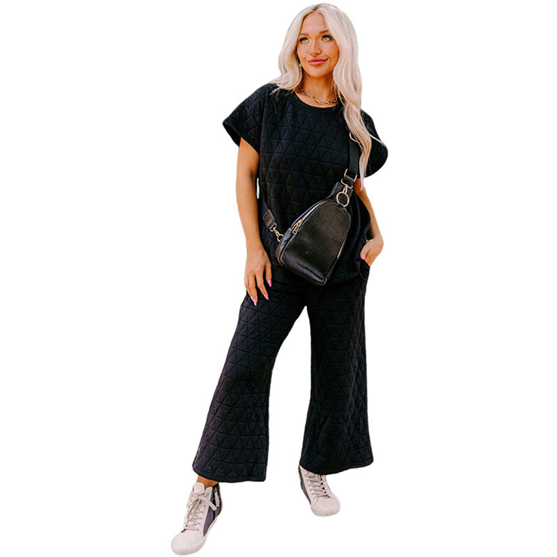 Solid Color Loose Leisure Suit Women's Three-quarter Sleeve Cropped Wide-leg Pants Two-piece Set For Women