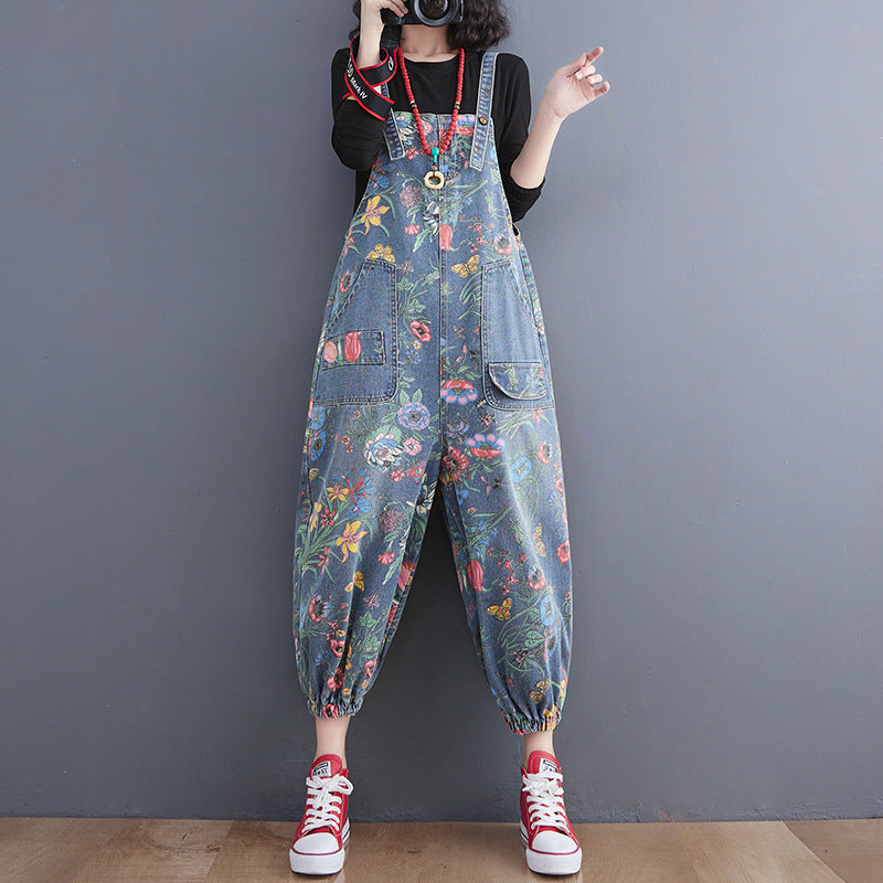 Women's Fashion Denim Printing Suspender Pants Age-reducing Ankle-tied Harem Pants