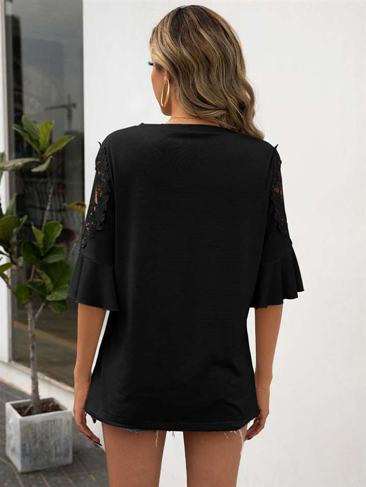 Casual Round Neck Lace Lace Stitching Five-point Sleeve Shir