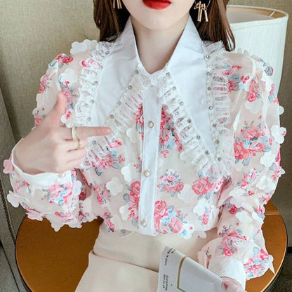 Korean Version Sweet Shirt Female Doll Collar Petals Super Fairy Chiffon Long Sleeves