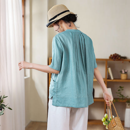 Camisa de lino con cuello levantado vintage para mujer