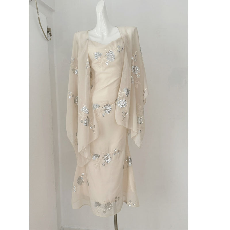 Oblique Wire Sling Dress Machine Embroidery Cape And Shawl Suit