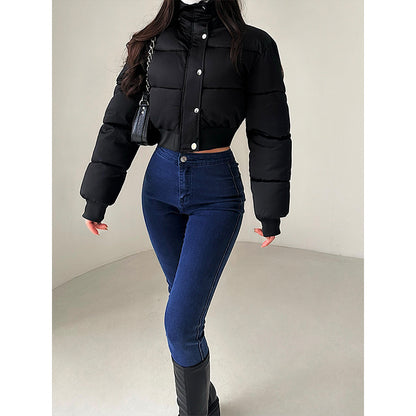 Hot Girl Fashionable Stand Collar Zipper Elastic And Waisted Warm Quilted Jacket Short Cotton Coat Women