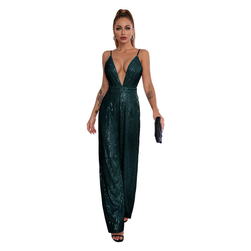 Women's Suspender Sequins Deep V One-piece Suit