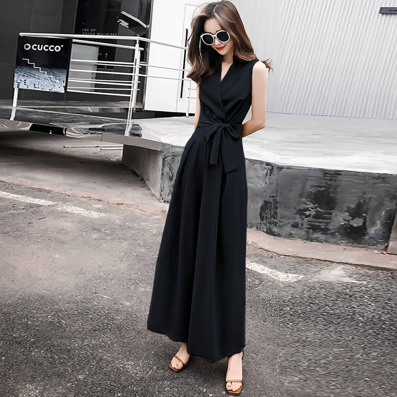 Student Korean Casual V-neck Slim Jumpsuit Wide-leg Pants Suit