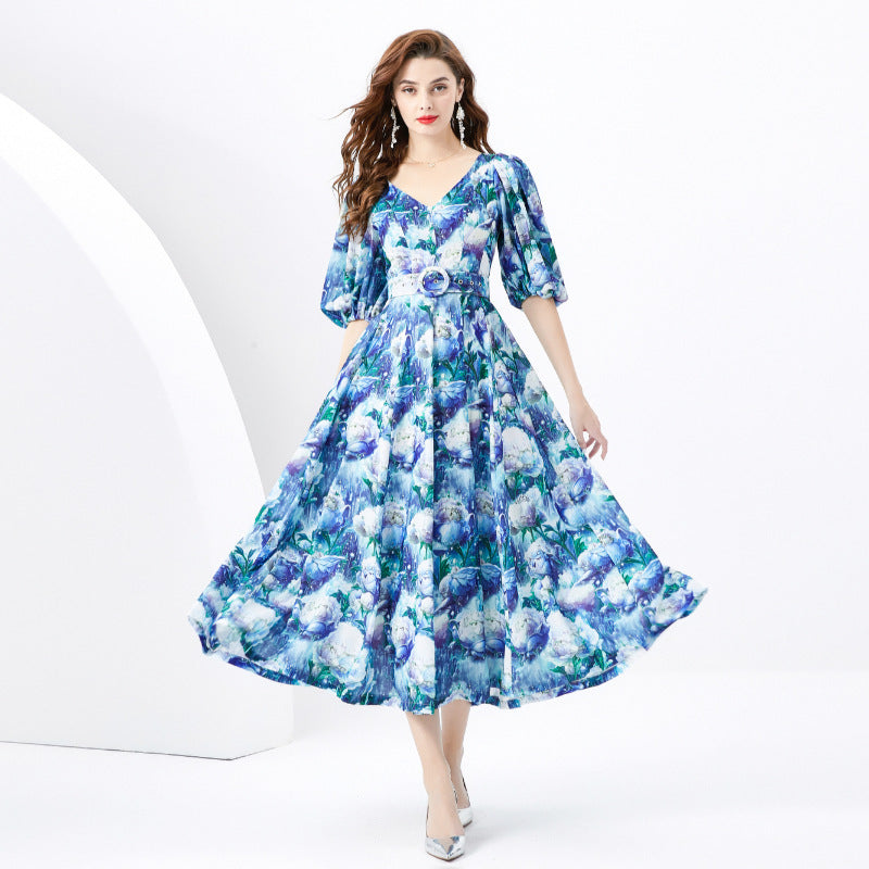 Retro Style V-neck Slim-fit Lantern Sleeve Painted Long Dress