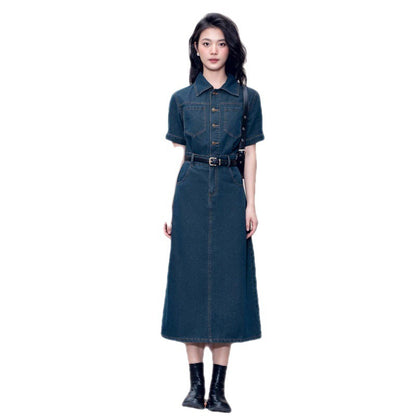 Simple Lapel Short-sleeved Single-breasted Casual Denim Dress Belt