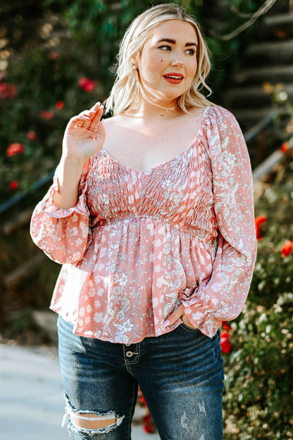 Blouse Florale Smockée à Manches Volantes de Grande Taille