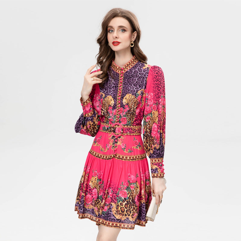 Sweet Temperament Positioning Printing Single-breasted Belt Long Sleeve Dress