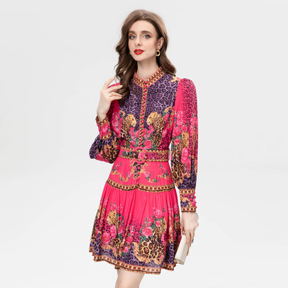 Sweet Temperament Positioning Printing Single-breasted Belt Long Sleeve Dress