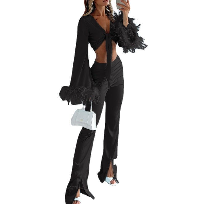 Women's Feather Long Sleeve Furry Stitching Sexy Midriff Outfit Split Trousers Casual Suit