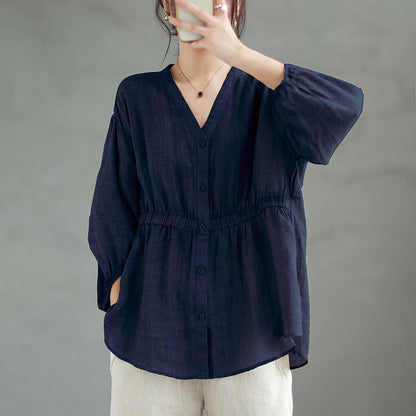 Tiansi Ramie New V-neck Shirt For Women Loose Fitting