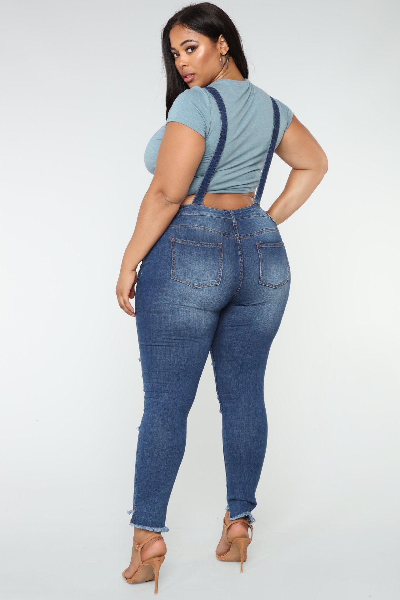 European And American Plus Size Elastic Ripped Overalls