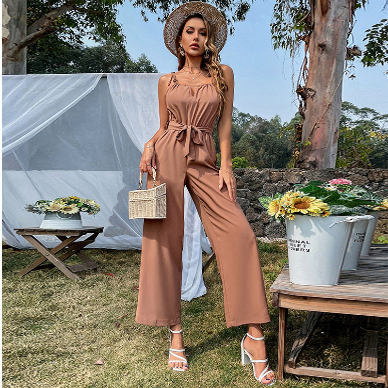 Summer New Hollow Belt Suspenders Wide Leg Jumpsuit